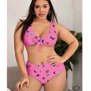 Shein Pink Butterfly Knot Bikini Swimsuit 0X